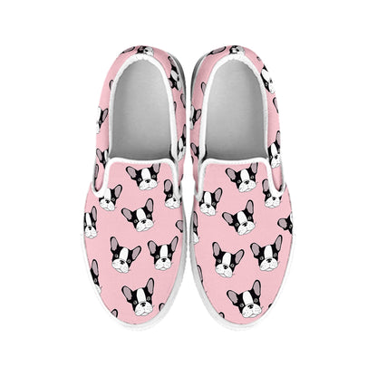 Cartoon French Bulldog Pattern Print White Slip On Shoes