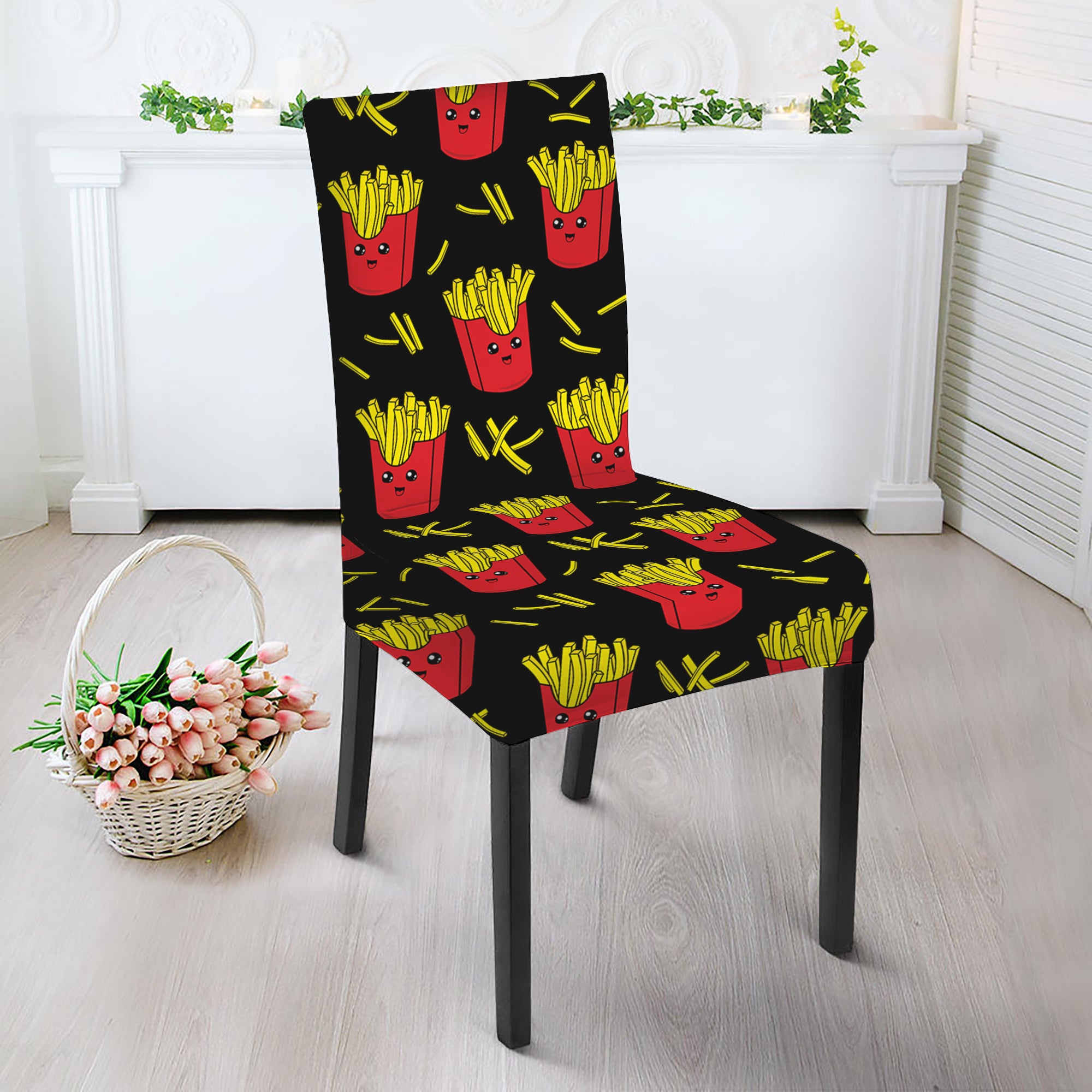 Cartoon French Fries Pattern Print Dining Chair Slipcover