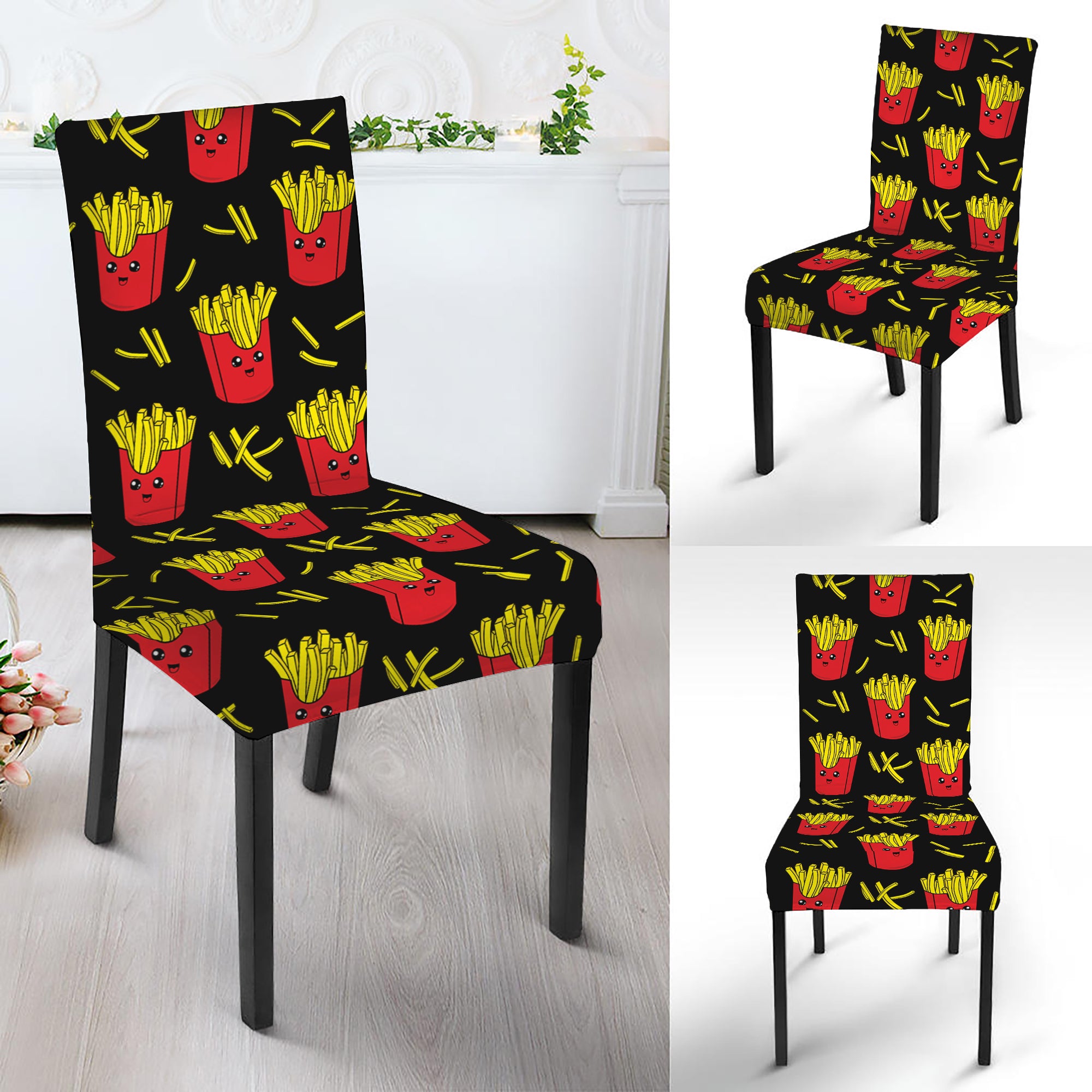 Cartoon French Fries Pattern Print Dining Chair Slipcover