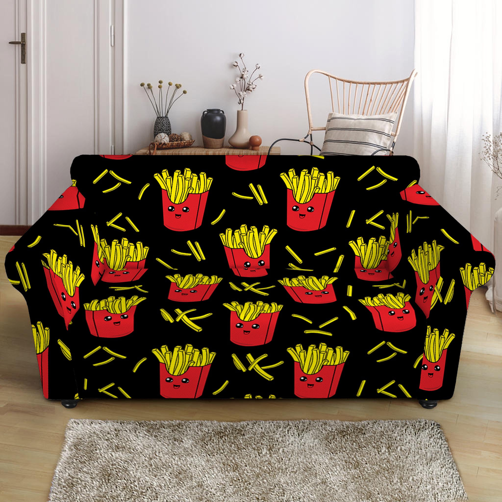 Cartoon French Fries Pattern Print Loveseat Slipcover