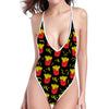 Cartoon French Fries Pattern Print One Piece High Cut Swimsuit