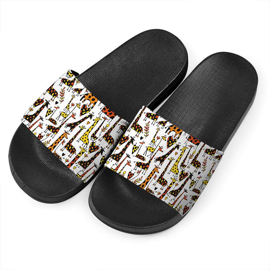 Cartoon Giraffe Pattern Print Black Slide Sandals
