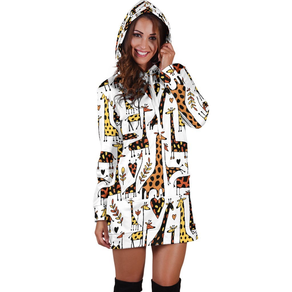 Cartoon Giraffe Pattern Print Hoodie Dress GearFrost
