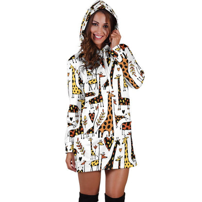 Cartoon Giraffe Pattern Print Hoodie Dress GearFrost