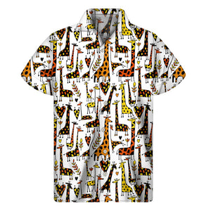 Cartoon Giraffe Pattern Print Men's Short Sleeve Shirt