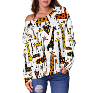 Cartoon Giraffe Pattern Print Off Shoulder Sweatshirt GearFrost