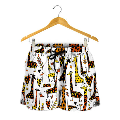 Cartoon Giraffe Pattern Print Women's Shorts