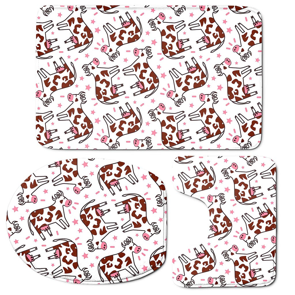 Cartoon Happy Dairy Cow Pattern Print 3 Piece Bath Mat Set