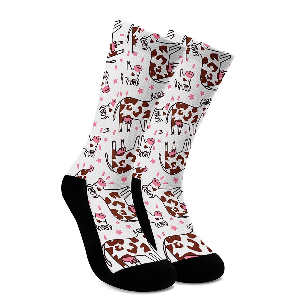 Cartoon Happy Dairy Cow Pattern Print Crew Socks