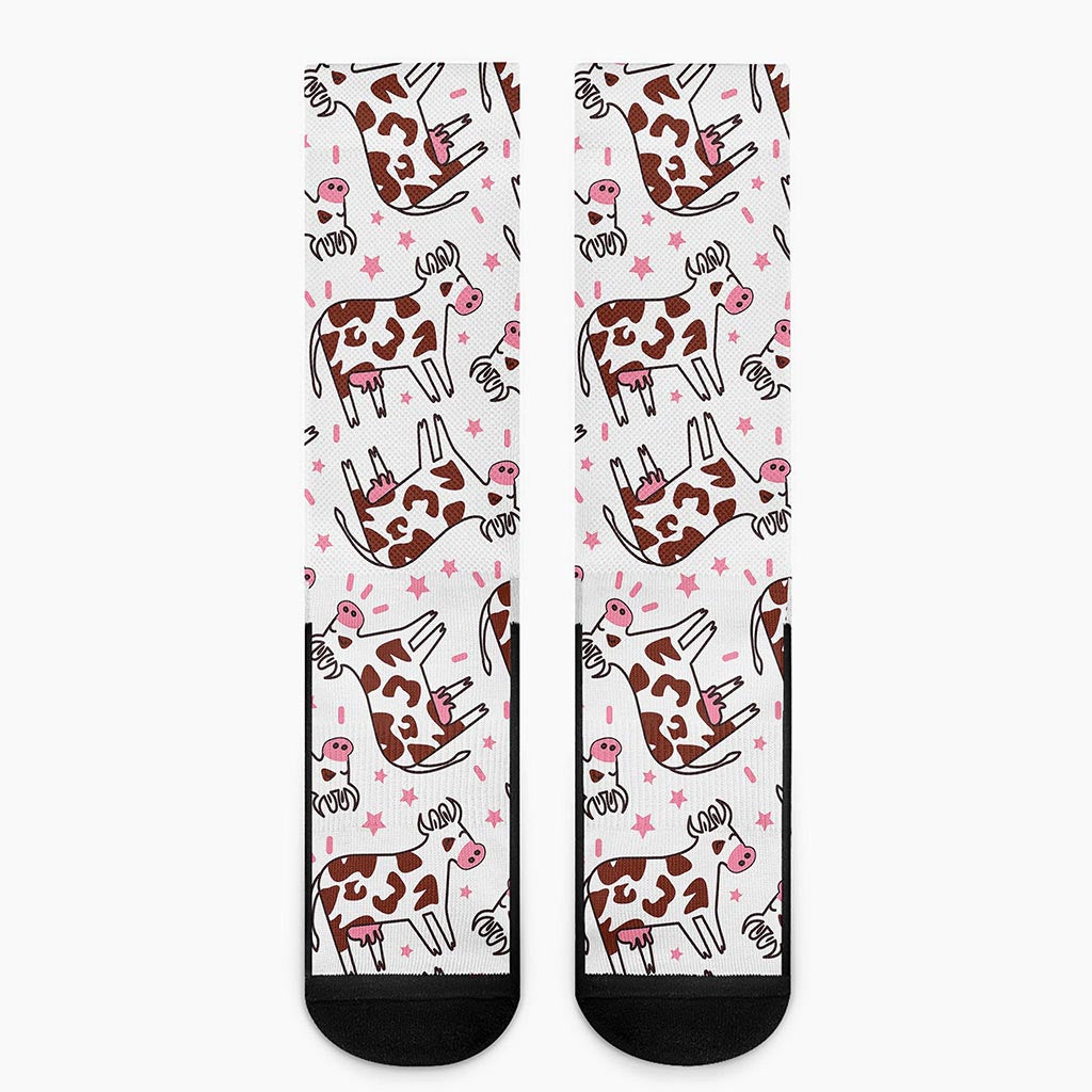 Cartoon Happy Dairy Cow Pattern Print Crew Socks