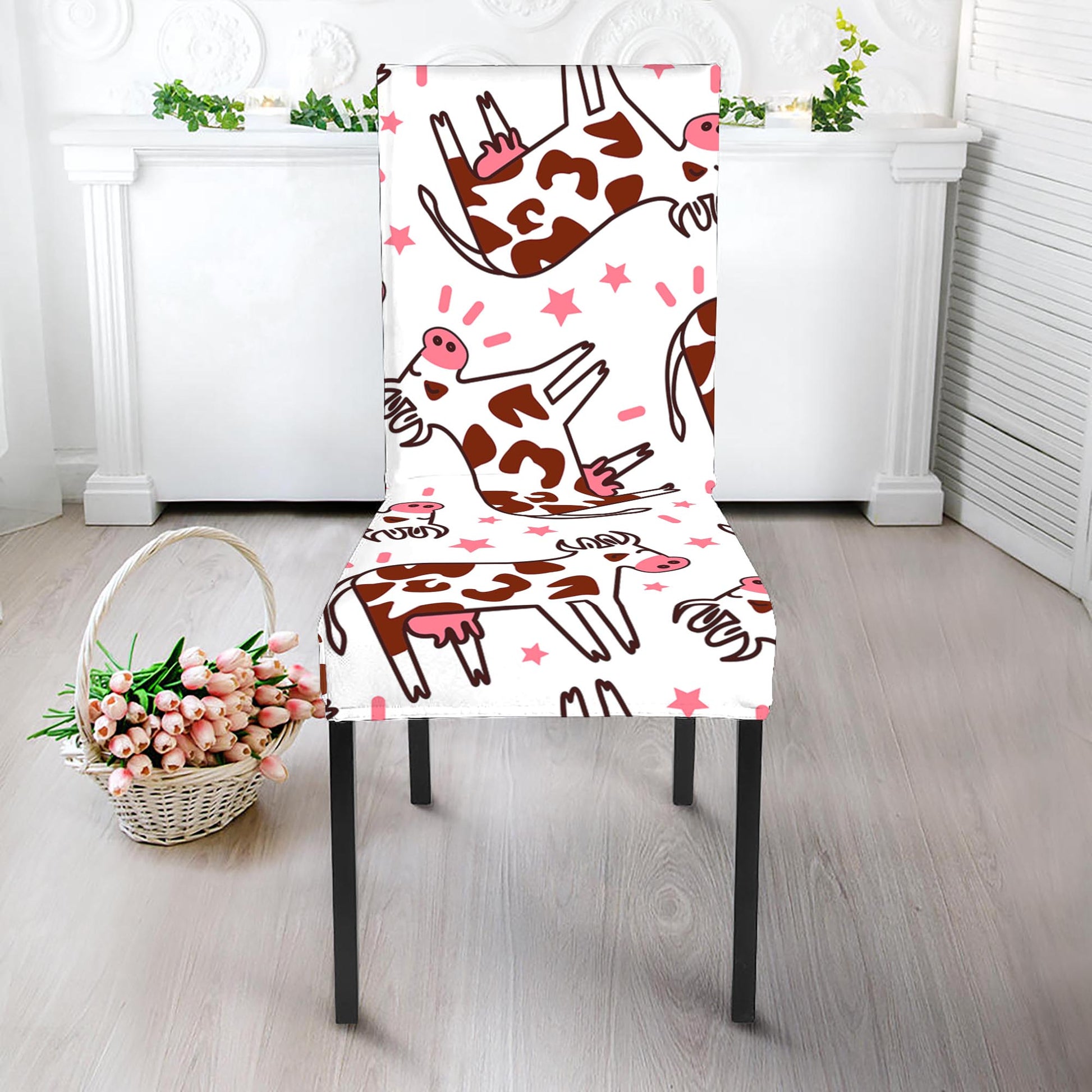 Cartoon Happy Dairy Cow Pattern Print Dining Chair Slipcover