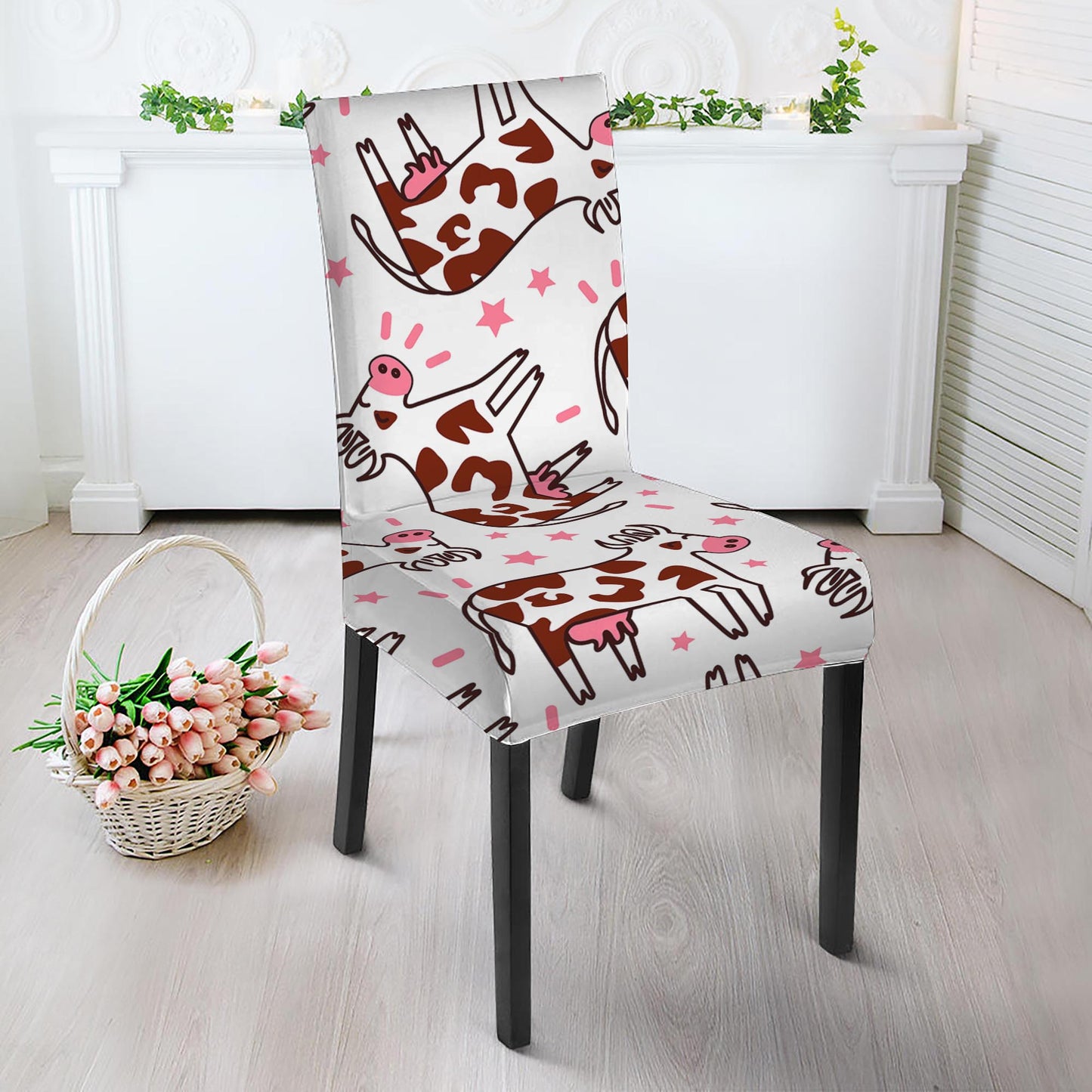 Cartoon Happy Dairy Cow Pattern Print Dining Chair Slipcover