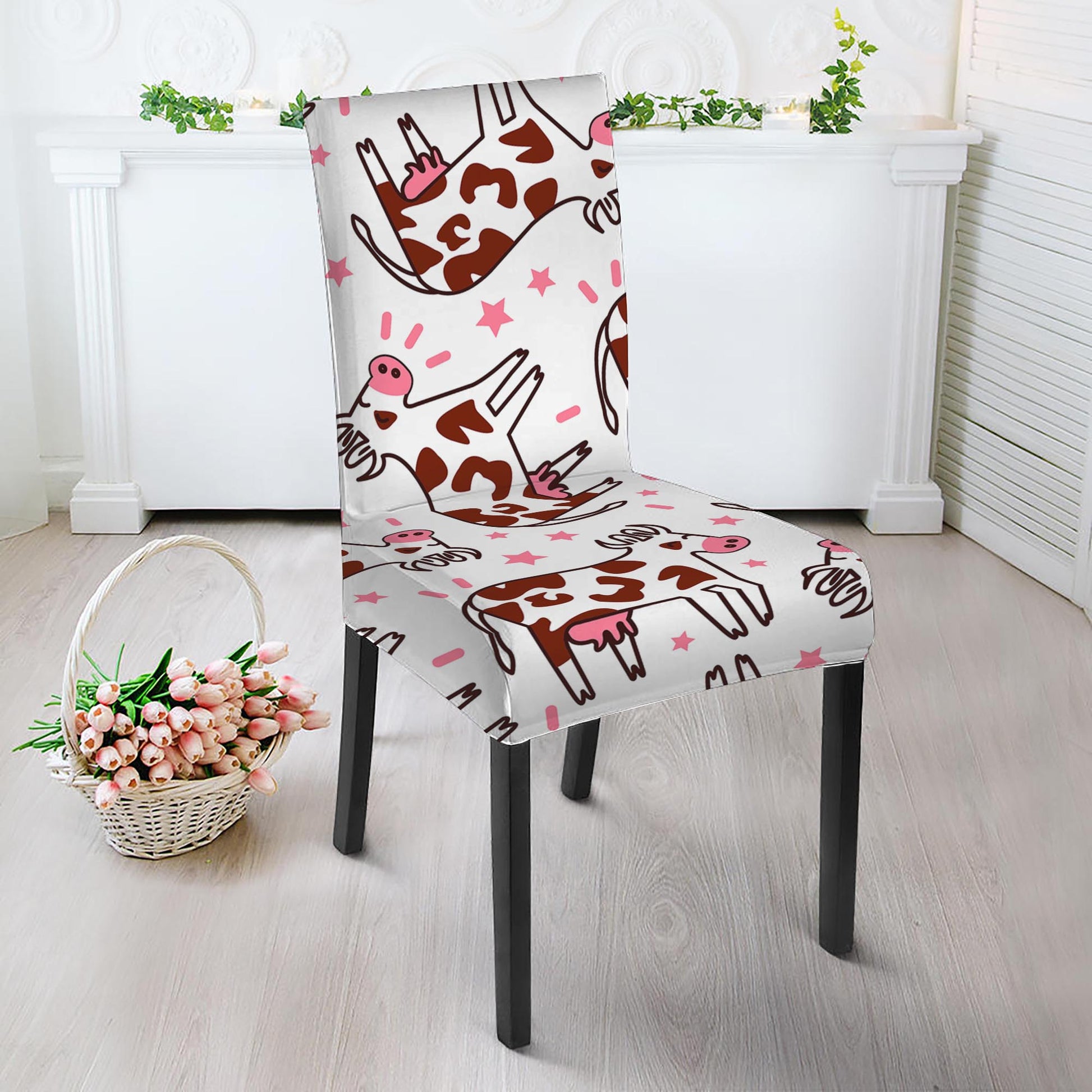 Cartoon Happy Dairy Cow Pattern Print Dining Chair Slipcover