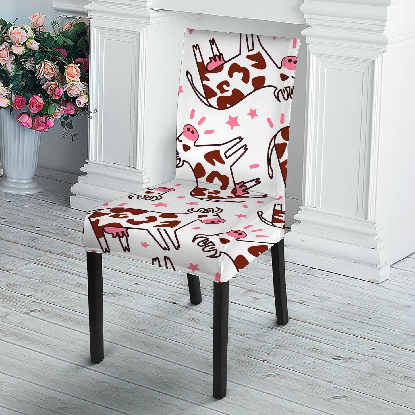 Cartoon Happy Dairy Cow Pattern Print Dining Chair Slipcover