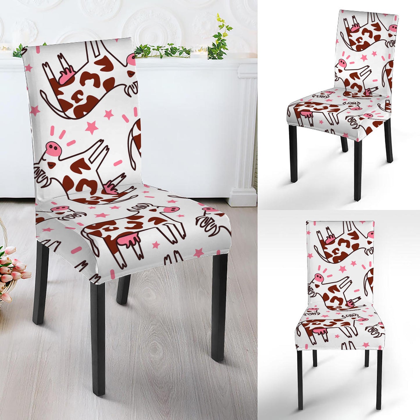 Cartoon Happy Dairy Cow Pattern Print Dining Chair Slipcover
