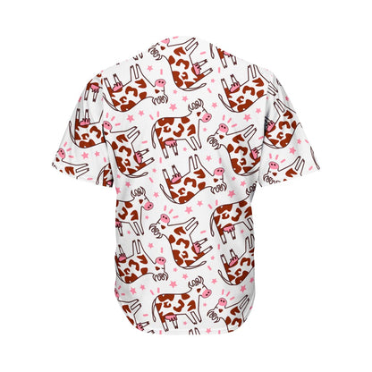 Cartoon Happy Dairy Cow Pattern Print Men's Baseball Jersey