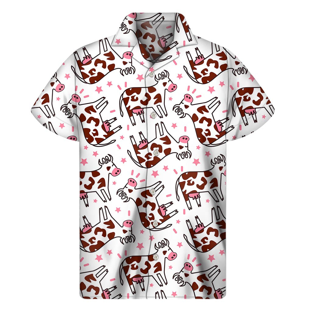 Cartoon Happy Dairy Cow Pattern Print Men's Short Sleeve Shirt
