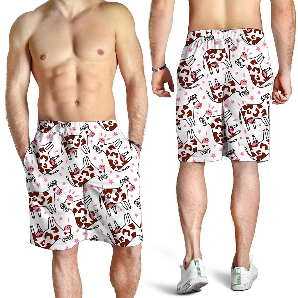 Cartoon Happy Dairy Cow Pattern Print Men's Shorts