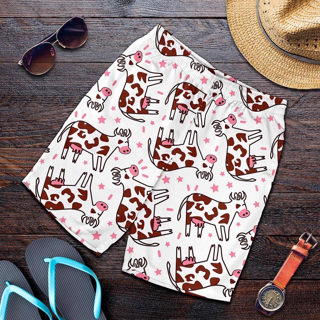 Cartoon Happy Dairy Cow Pattern Print Men's Shorts