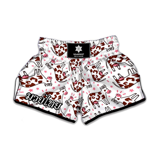 Cartoon Happy Dairy Cow Pattern Print Muay Thai Boxing Shorts