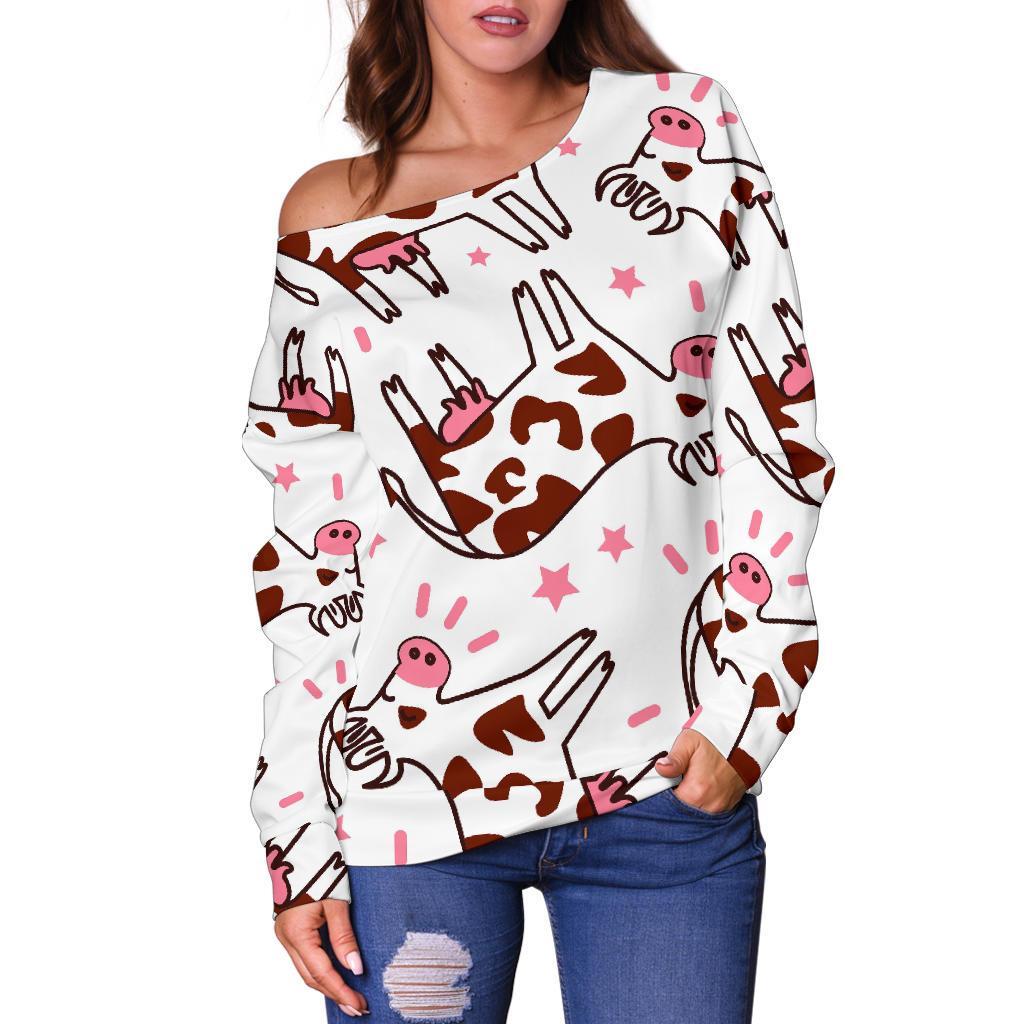 Cartoon Happy Dairy Cow Pattern Print Off Shoulder Sweatshirt GearFrost