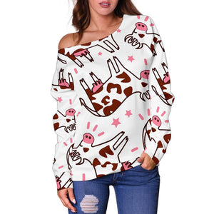 Cartoon Happy Dairy Cow Pattern Print Off Shoulder Sweatshirt GearFrost