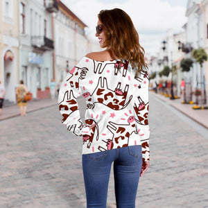 Cartoon Happy Dairy Cow Pattern Print Off Shoulder Sweatshirt GearFrost