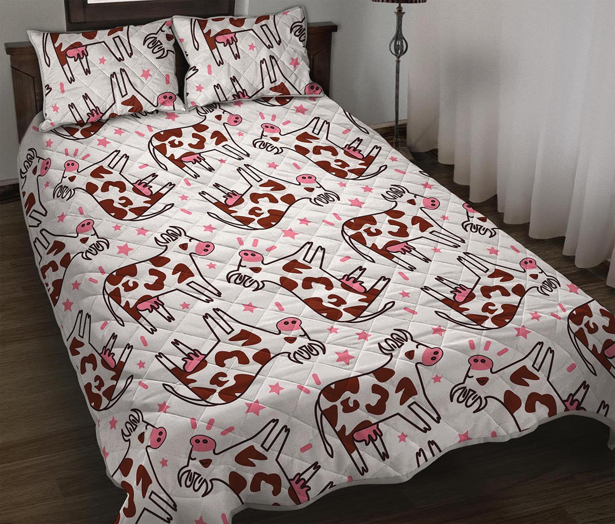 Cartoon Happy Dairy Cow Pattern Print Quilt Bed Set