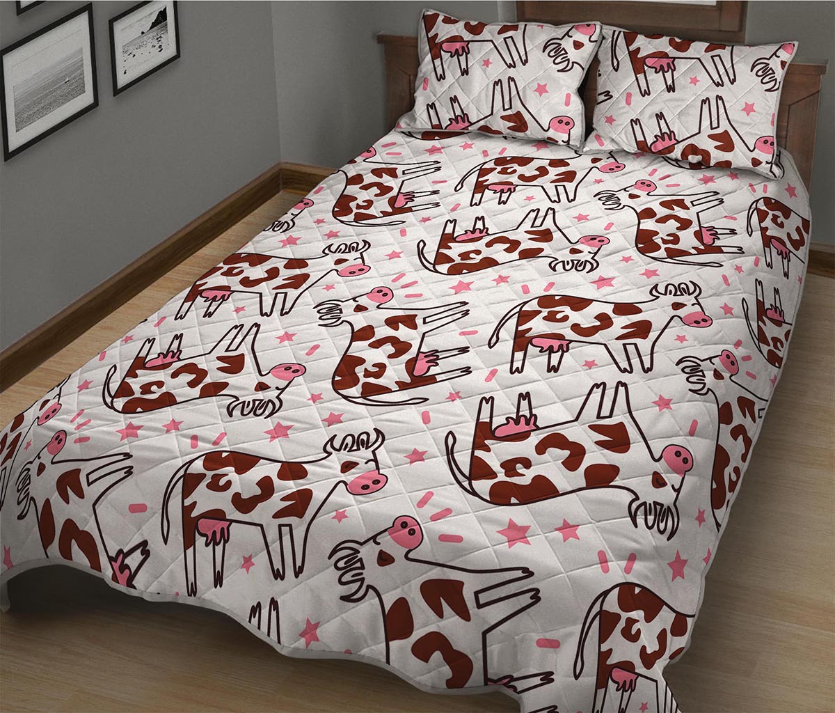 Cartoon Happy Dairy Cow Pattern Print Quilt Bed Set