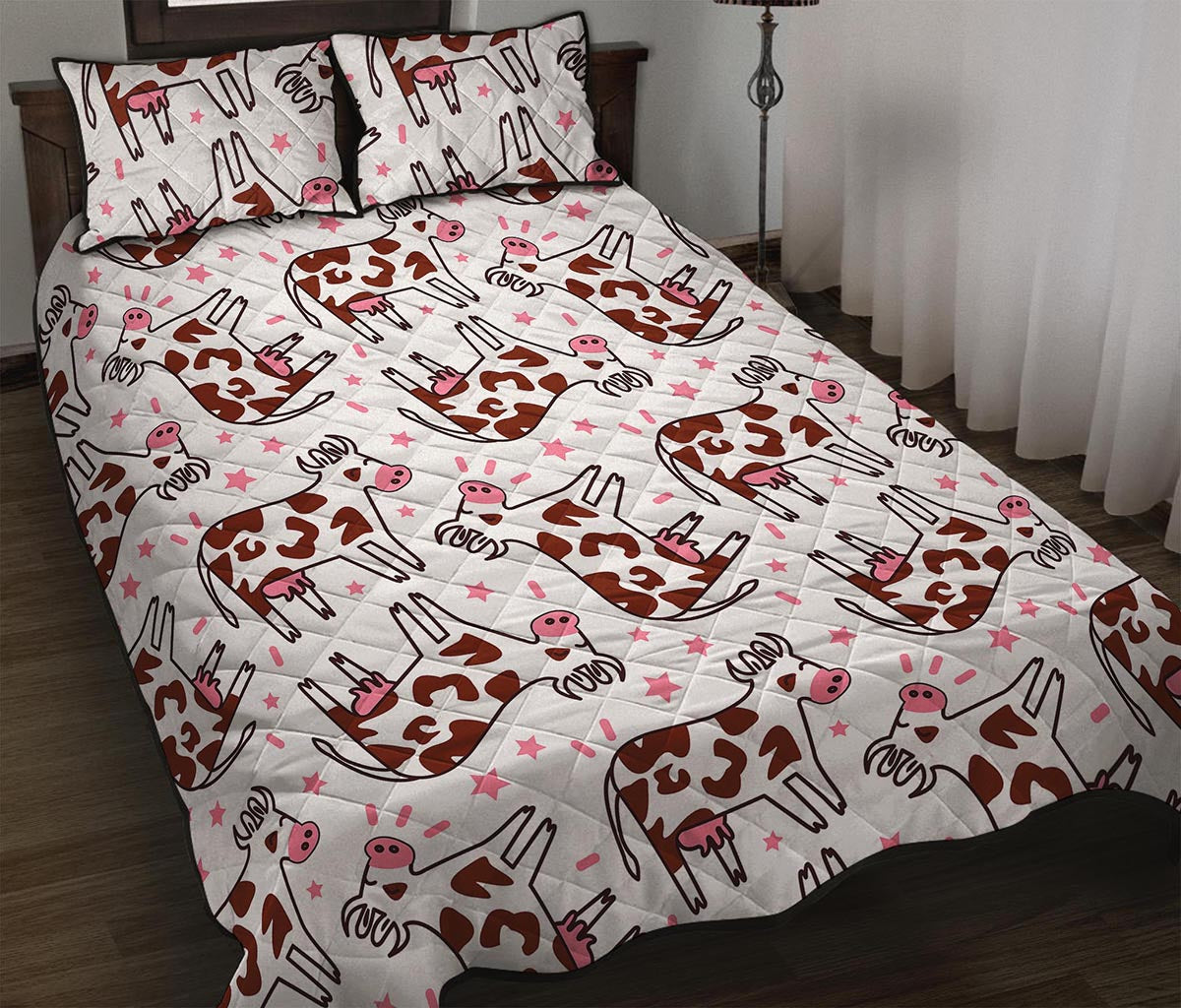 Cartoon Happy Dairy Cow Pattern Print Quilt Bed Set