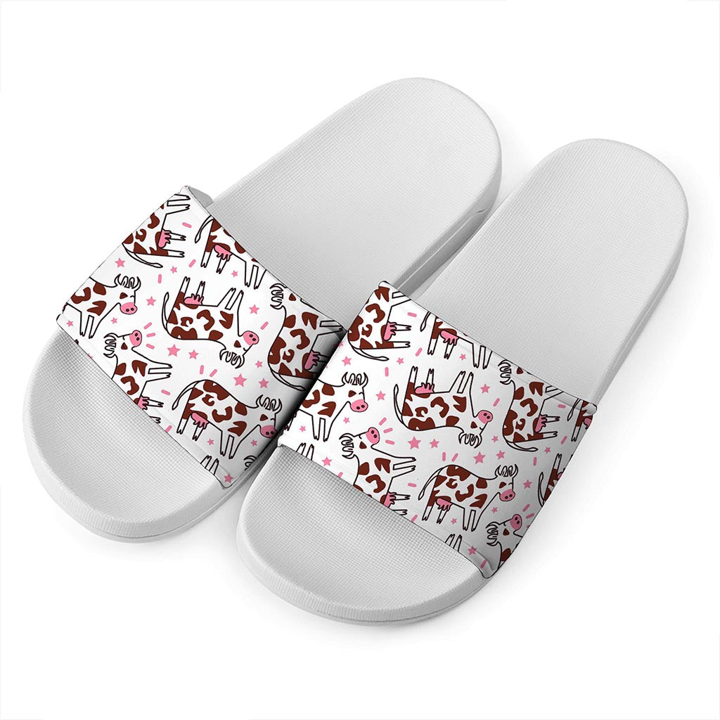 Cartoon Happy Dairy Cow Pattern Print White Slide Sandals
