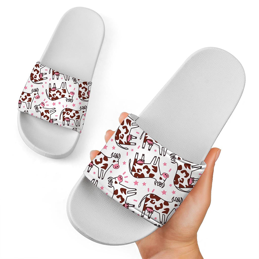 Cartoon Happy Dairy Cow Pattern Print White Slide Sandals