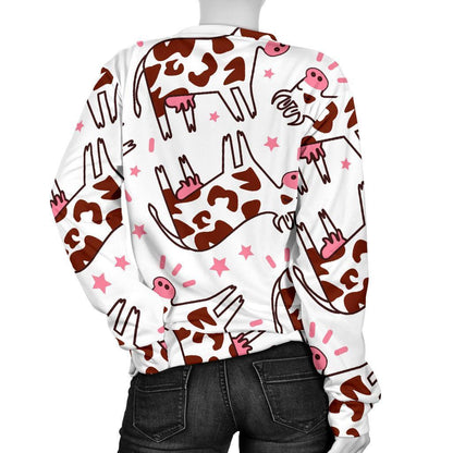Cartoon Happy Dairy Cow Pattern Print Women's Crewneck Sweatshirt GearFrost