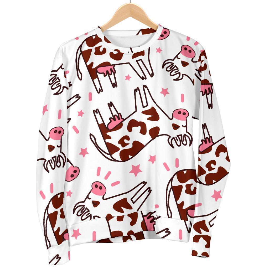 Cartoon Happy Dairy Cow Pattern Print Women's Crewneck Sweatshirt GearFrost