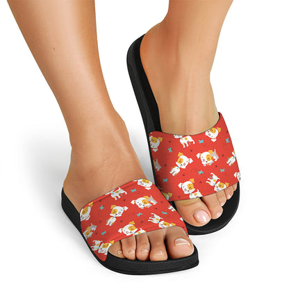 Cartoon Jack Russell Terrier Print Black Slide Sandals