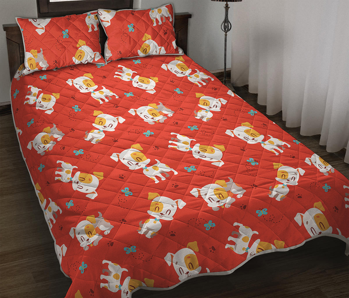 Cartoon Jack Russell Terrier Print Quilt Bed Set