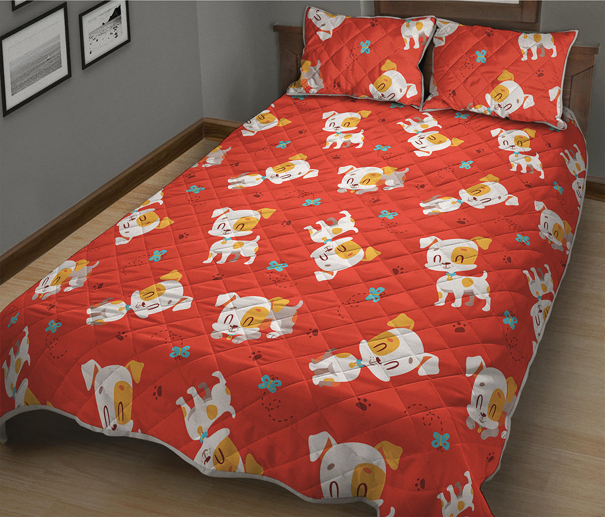 Cartoon Jack Russell Terrier Print Quilt Bed Set