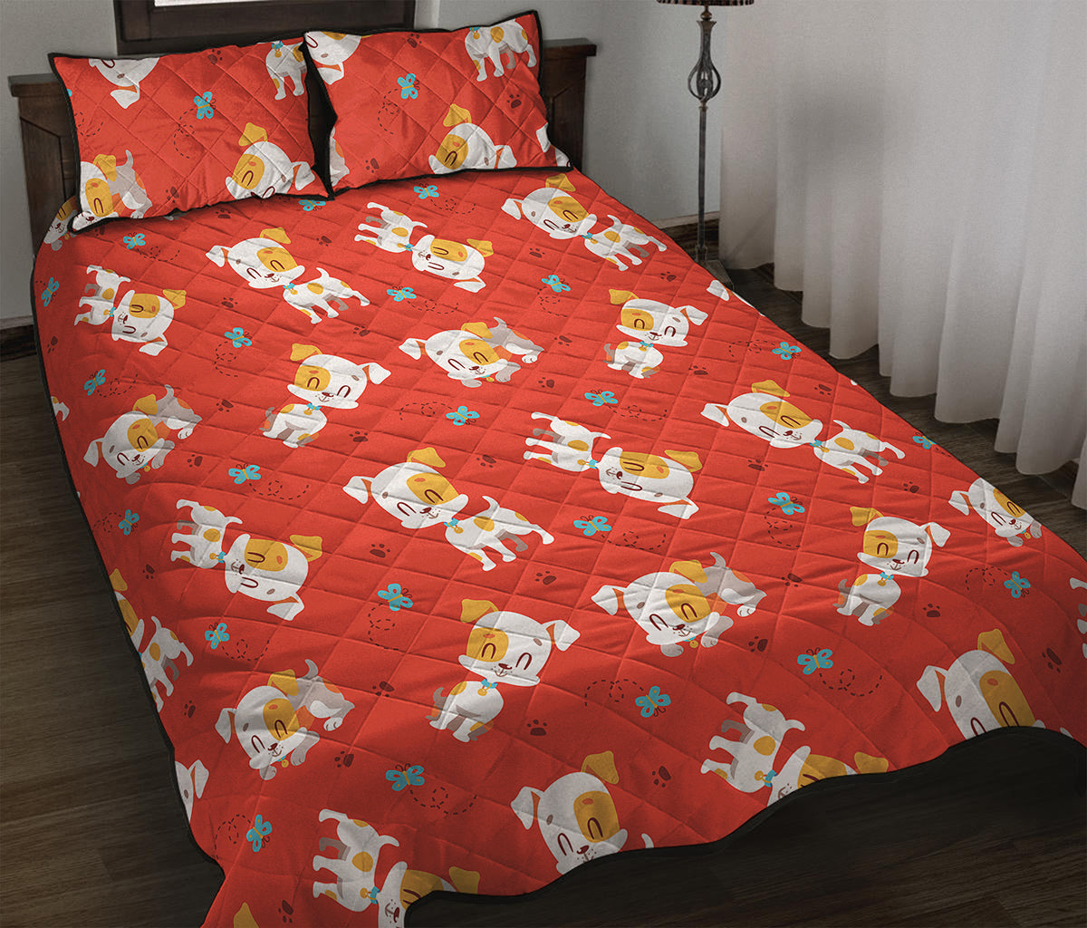 Cartoon Jack Russell Terrier Print Quilt Bed Set