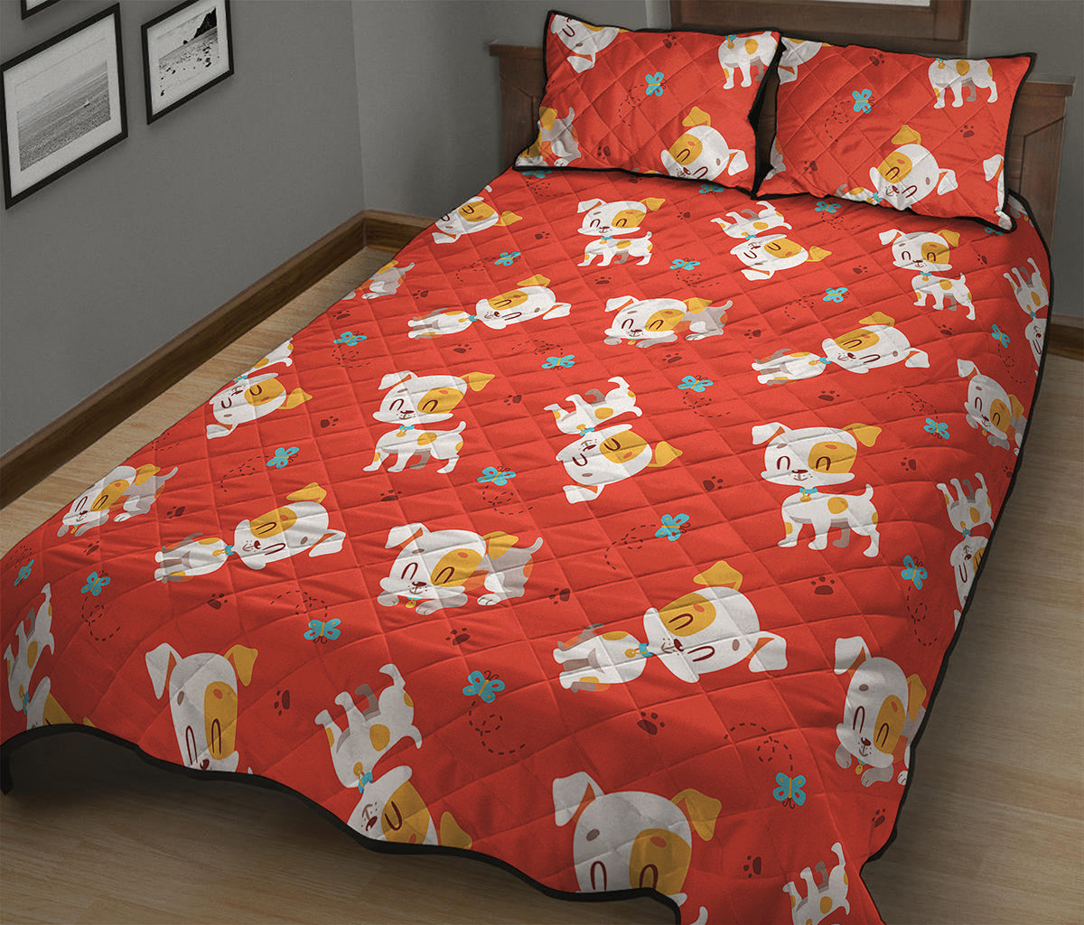 Cartoon Jack Russell Terrier Print Quilt Bed Set