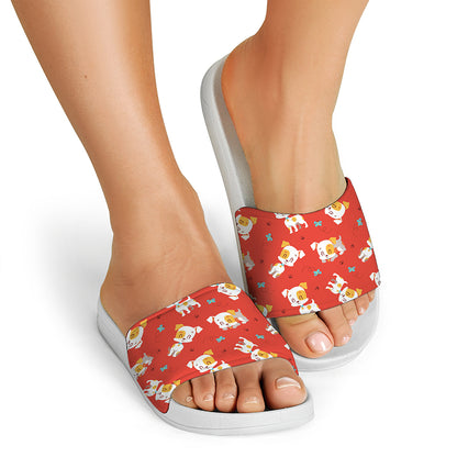 Cartoon Jack Russell Terrier Print White Slide Sandals