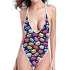 Cartoon Macaron Pattern Print One Piece High Cut Swimsuit