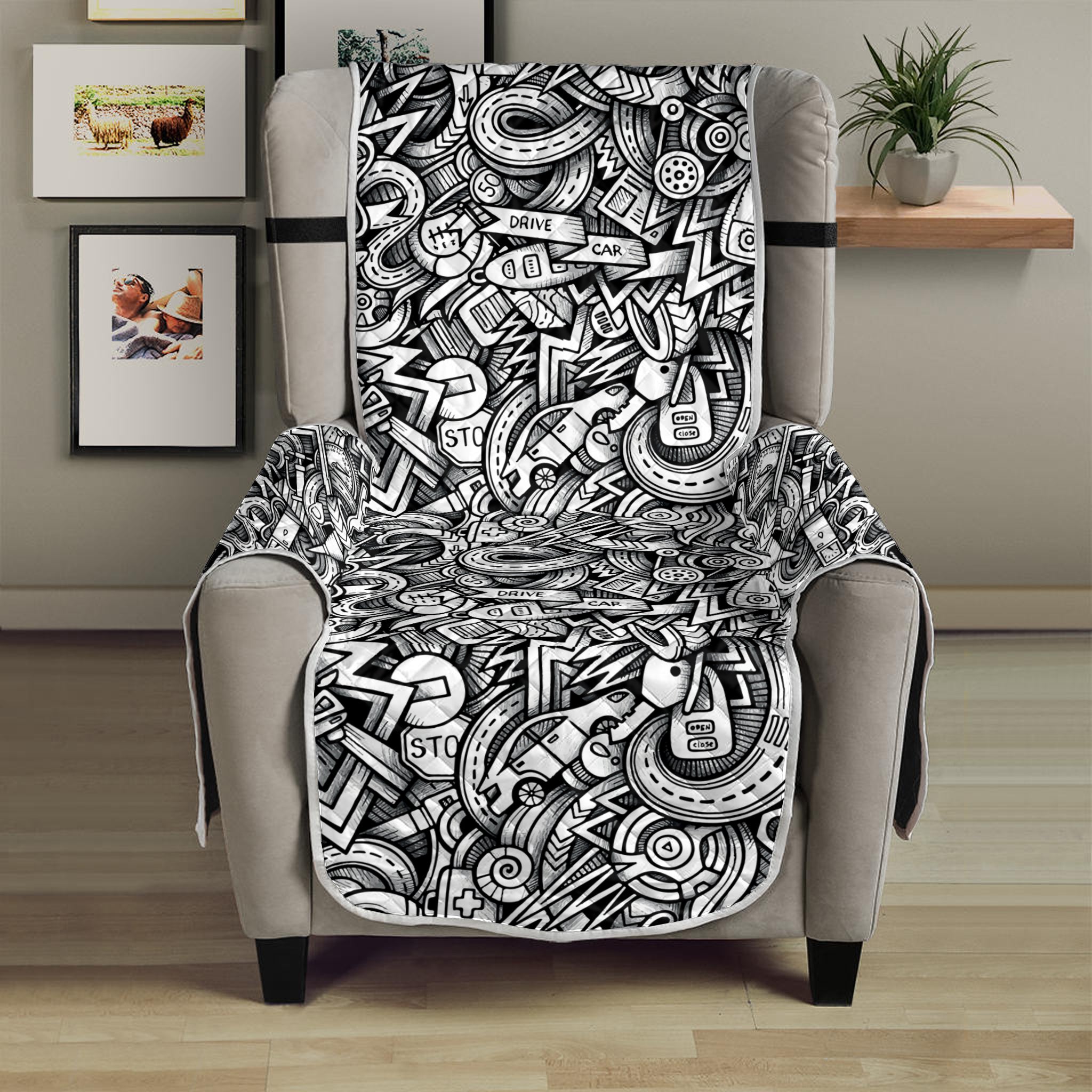 Cartoon Mechanic Pattern Print Armchair Protector