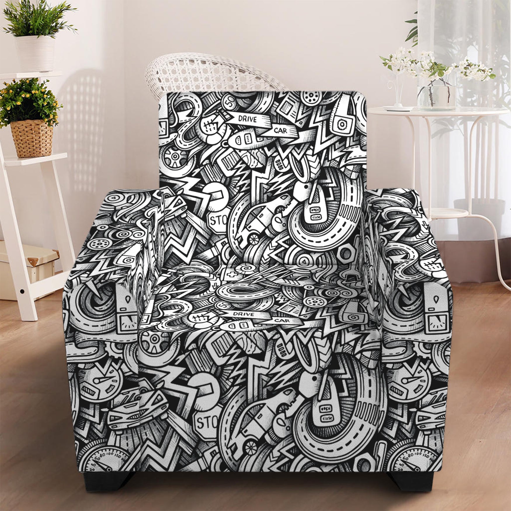 Cartoon Mechanic Pattern Print Armchair Slipcover