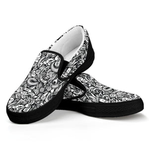 Cartoon Mechanic Pattern Print Black Slip On Shoes