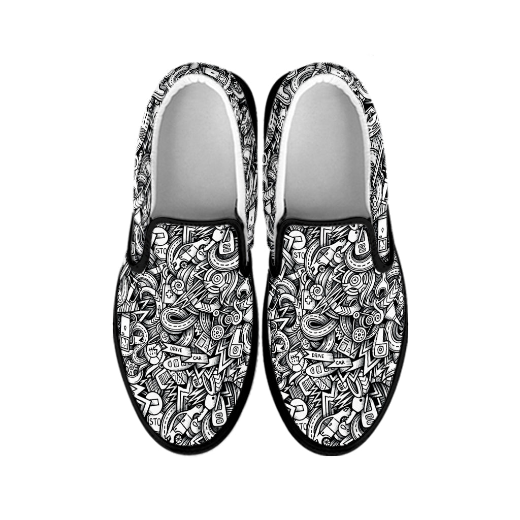 Cartoon Mechanic Pattern Print Black Slip On Shoes