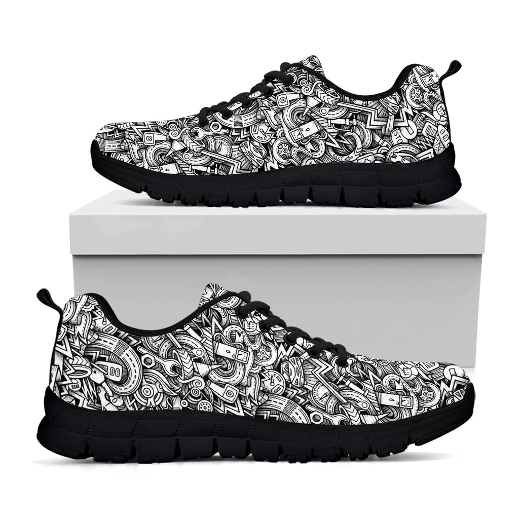 Cartoon Mechanic Pattern Print Black Sneakers