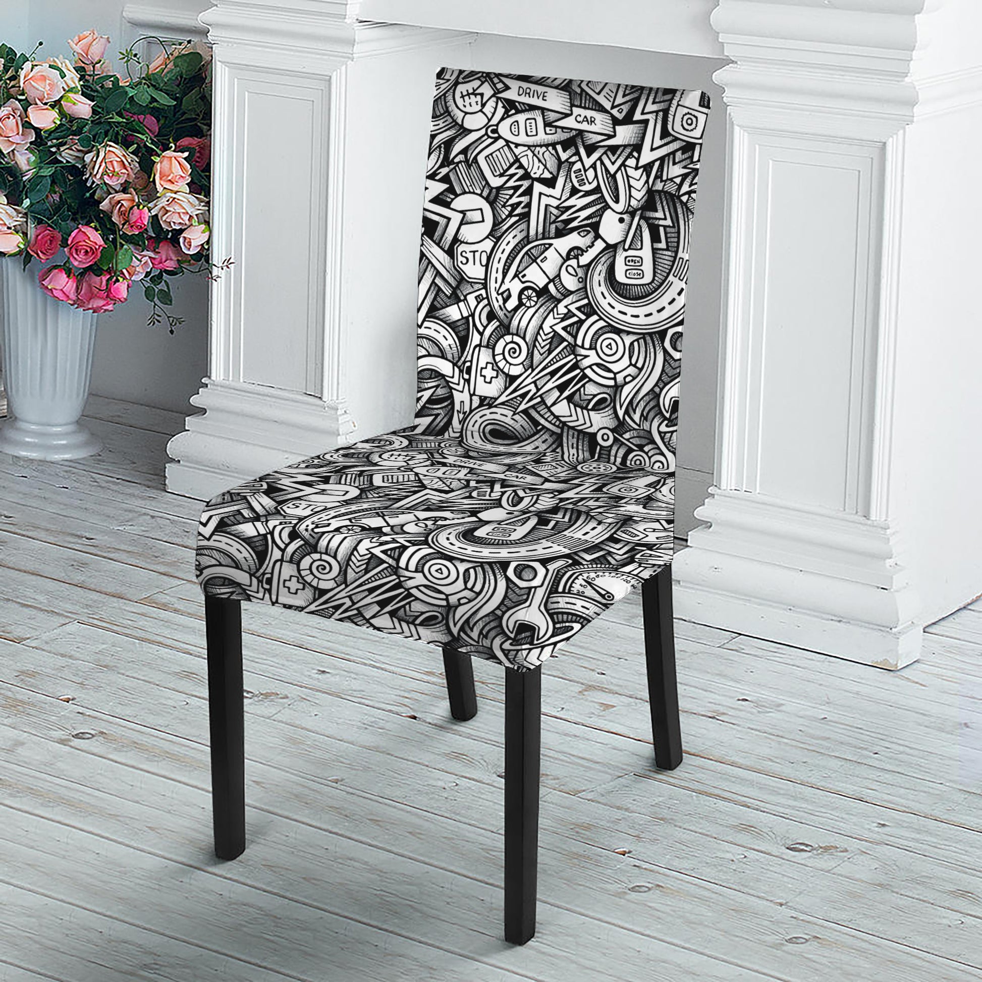 Cartoon Mechanic Pattern Print Dining Chair Slipcover