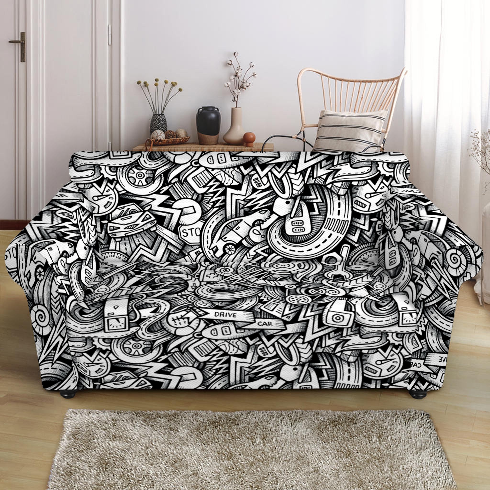 Cartoon Mechanic Pattern Print Loveseat Slipcover