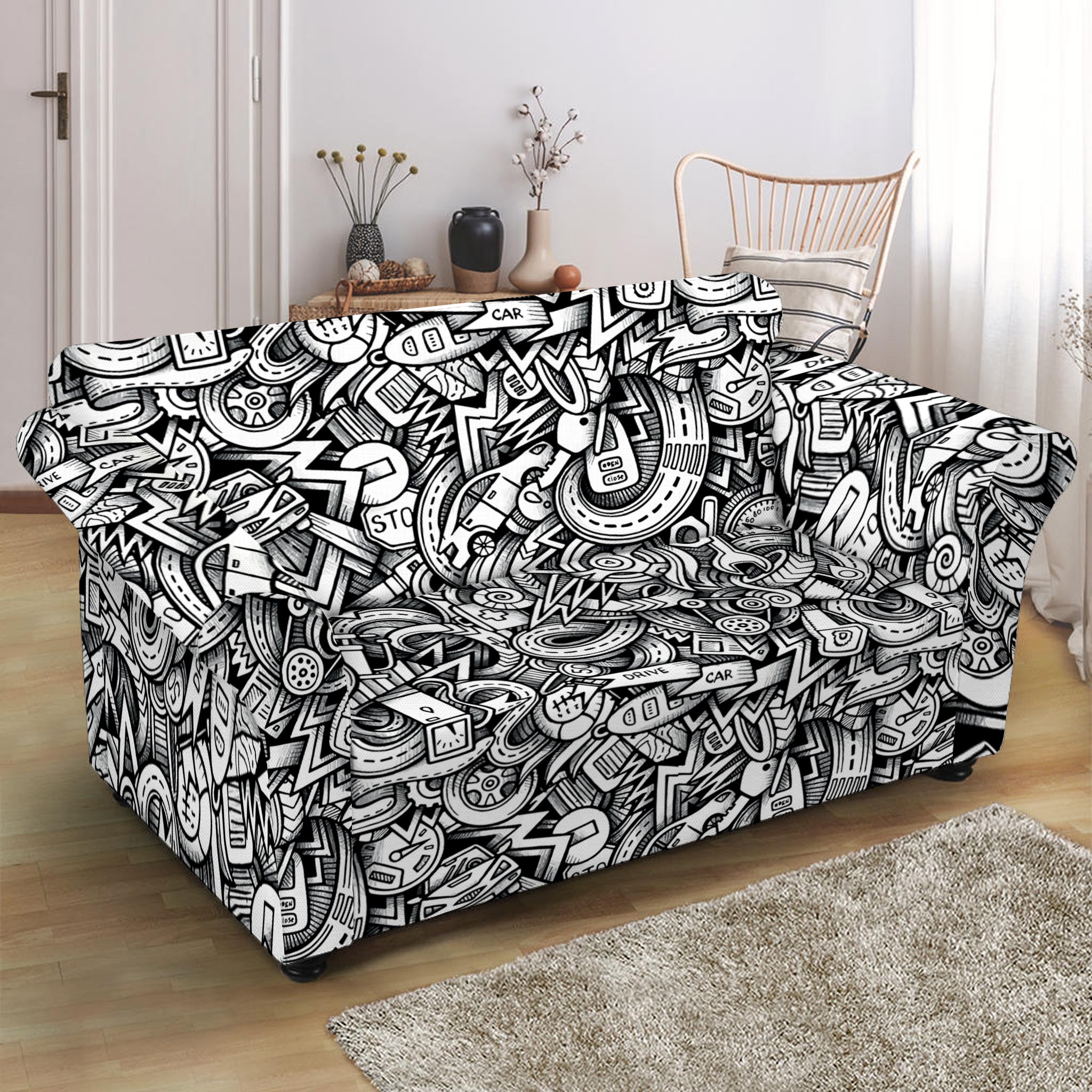 Cartoon Mechanic Pattern Print Loveseat Slipcover