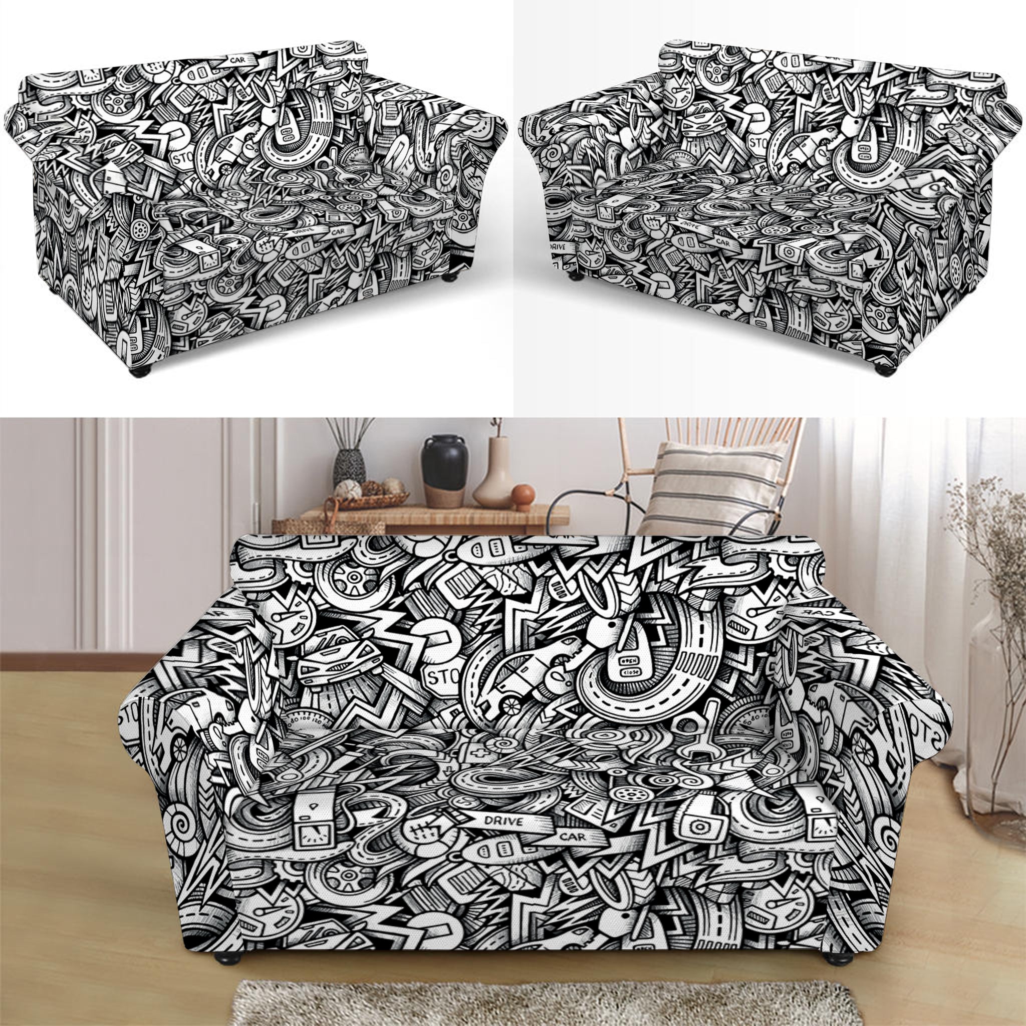 Cartoon Mechanic Pattern Print Loveseat Slipcover